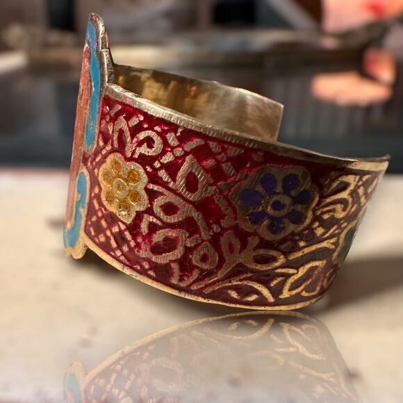 Vintage Brass Hand Painted CAPRICORN Zodiac Astrology Cuff Bracelet - Picture 3 of 7